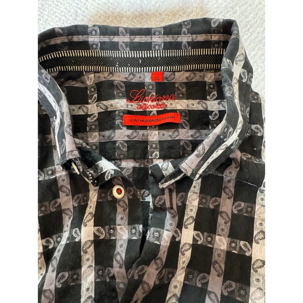 Luciano Visconti Mens XL Black Grey Paisley Grid Mercerized Cotton Btn Up Shirt